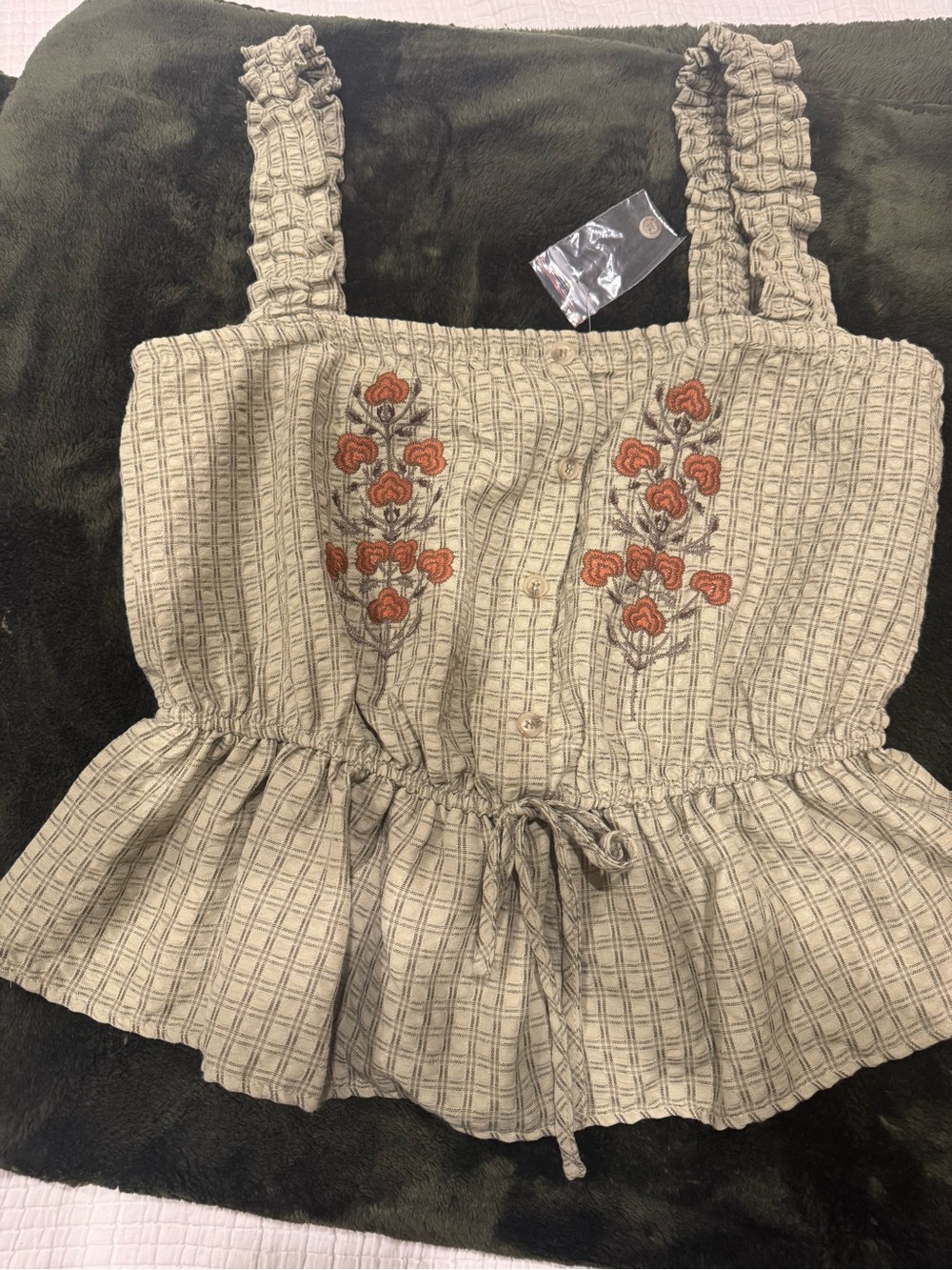 mine Cream Plaid Peplum Cami with Rust Rose Embroidery